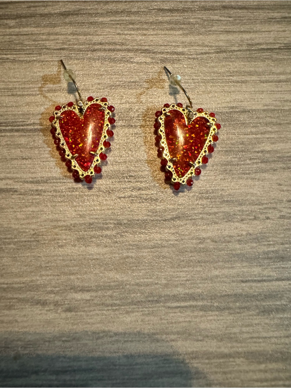 Kendra Scott Red Heart Drop Earrings with Gold Trim